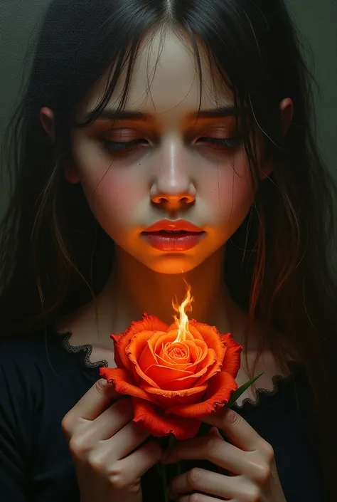 Painting of a face of a struggling girl with a burning Rose 