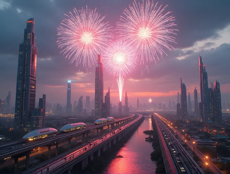 A futuristic tech city with fireworks in the sky