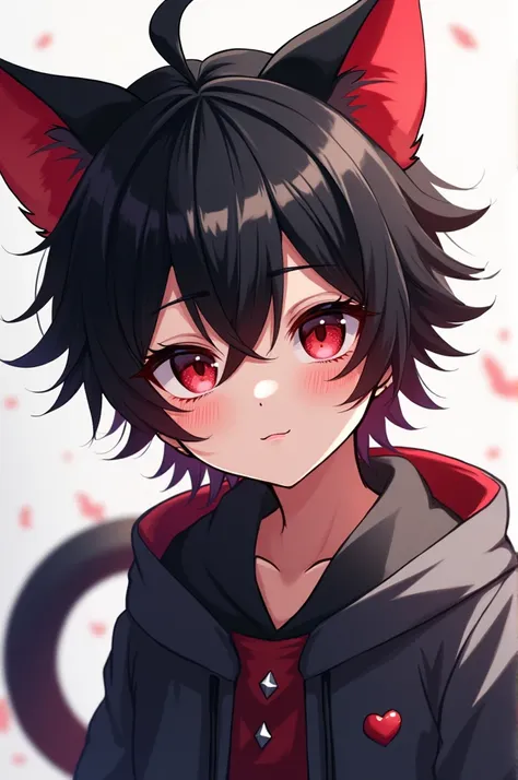 Anime art, a boy with cat ears and tail, black hair and at the tip of the hair red, and two little vampire wings at the head, black eyes