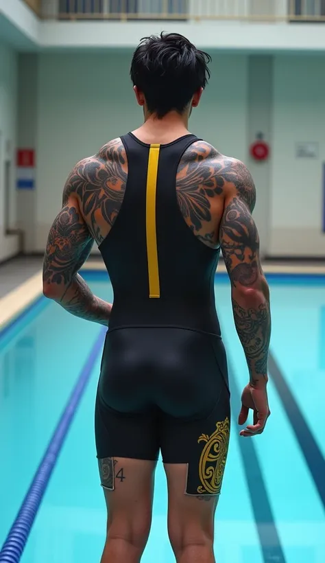 a male in a black racing swimsuit, black hair, short hair, clothes, indoor swimming pool, thick thighs, ((one-piece swimsuit only)), ((yellow line on black cloth)), ((muscle)), ((abs)), ((tattoo)), ((black hair punck cut, red blue)), ((bulging groin)), ((d...