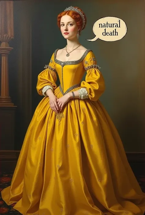 An oil painting of jane seymour in a yellow dress with a text bubble with written in it natural death