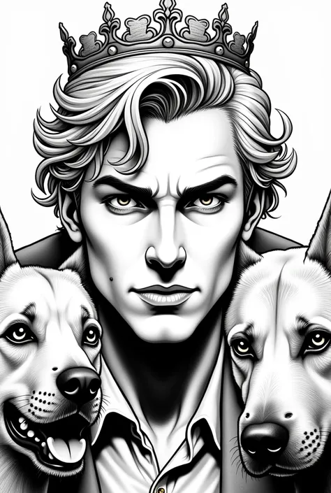 Attractive man with big eyes with crown and blond hair close to a Malinois with light fur in peaky blinders style black and white coloring page comic