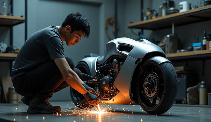  Leon (30-year-old Asian man) in a dimly lit workshop, welding parts of a sleek sport motorcycle. The motorcycle looks futuristic, inspired by Kamen Riders Cyclone