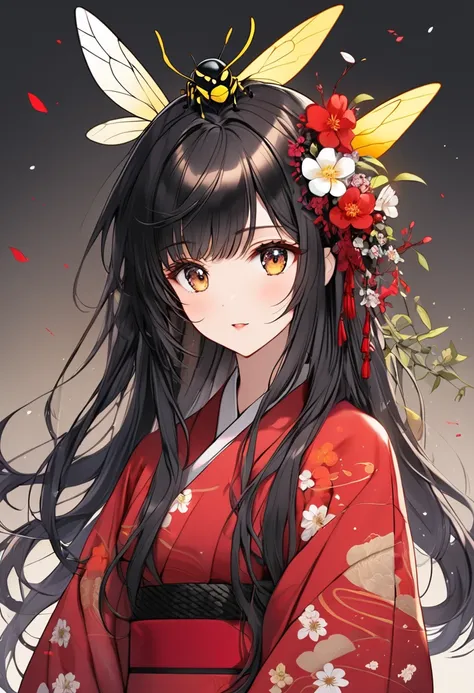 Black hair wearing a red kimono, Long Hair, Bangs, A wasp with wings and a flower on its head, 