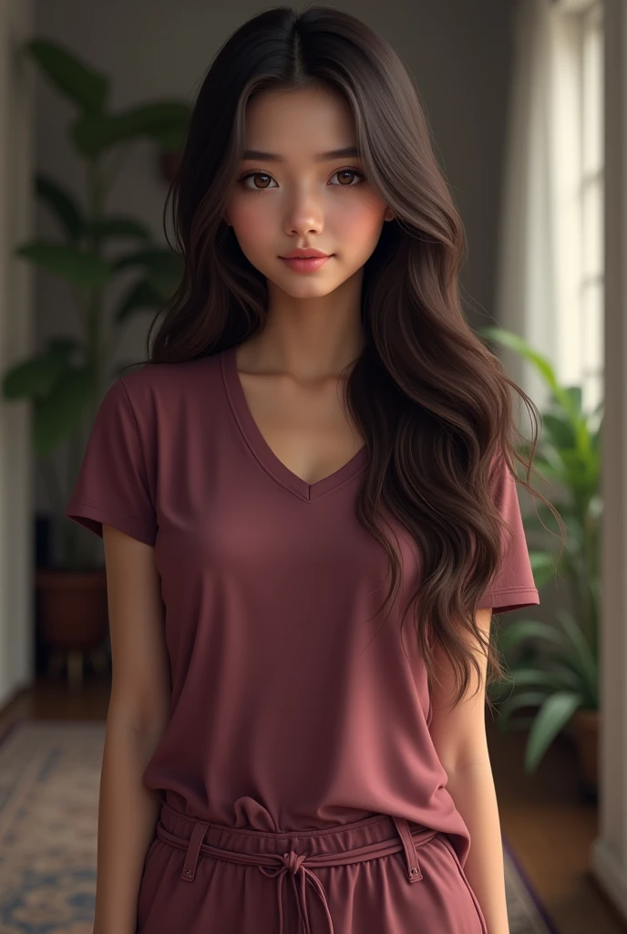 Portrait Real beutiful girl Long hair dark pink t shirt and pants wearing at home 