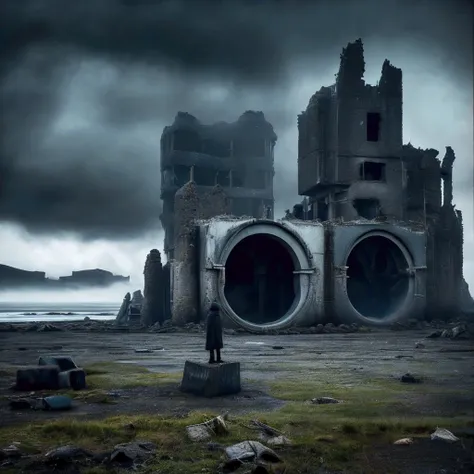 The photo shows a dark, post-apocalyptic landscape. Gray, cool colors dominate. In the distance rises a mysterious, monumental building made of huge, raw blocks. The building has the shape of several interconnected cylinders, and in each of them there is a...