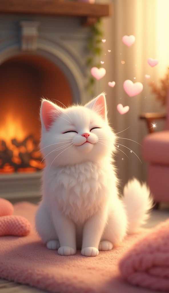 A final shot of a happy cat sitting in a cozy home or by a family, with hearts floating around or sparkles in the air white cat