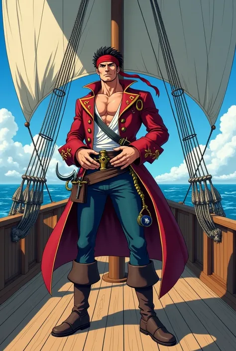 Anime pirate and his hand is on his lower body 
