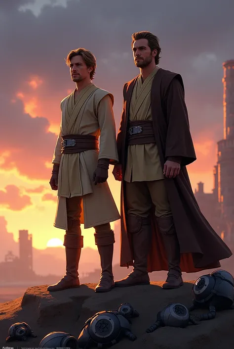 Imagine an epic scene from the Star Wars series:the Clone Wars, where Anakin Skywalker and Obi Wan Kenobi stand, displaying a stoic and determined stance on a battlefield. The characters, with distinctive clothing that reflects their personality and abilit...