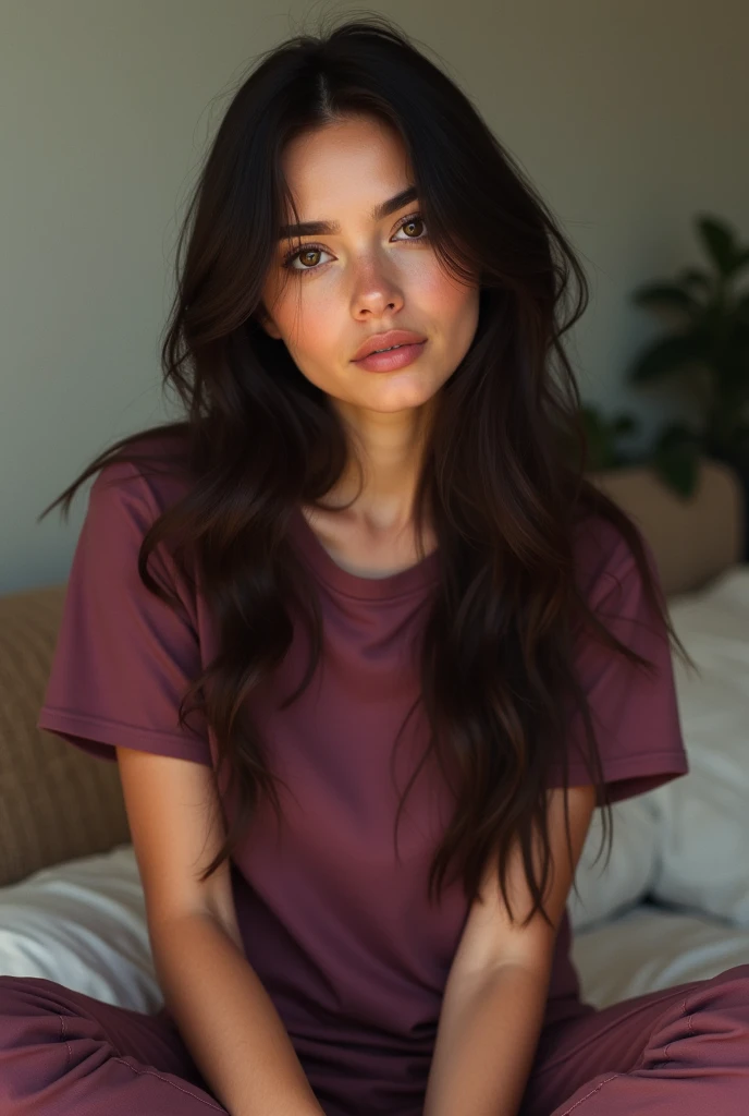 Portrait Real beutiful girl Long hair dark pink t shirt and pants wearing at home 