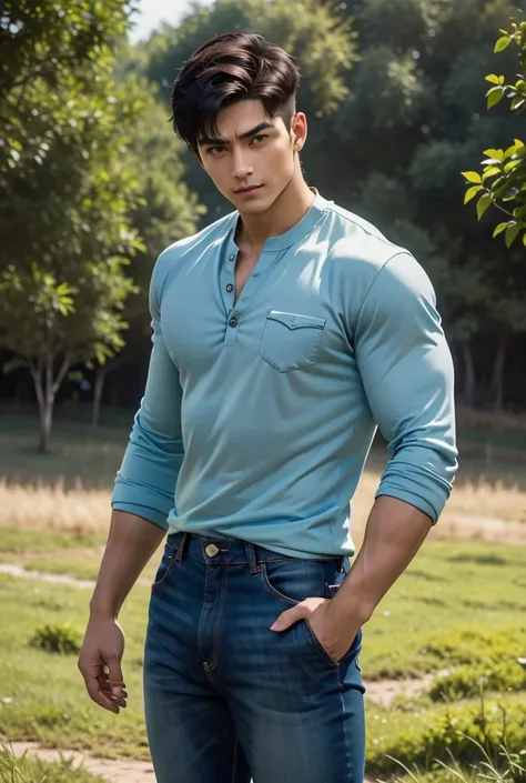 uhd, a strikingly handsome man with a lean, muscular physique stands confidently in an open, sunlit field. his perfectly sculpte...