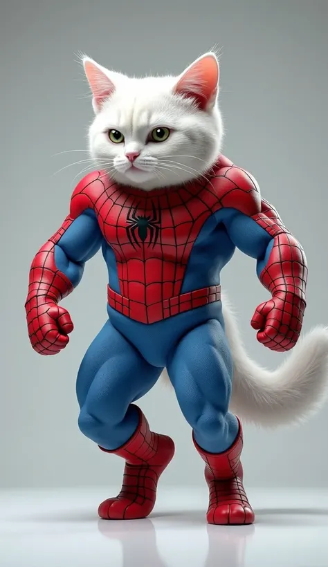 A hyper  realistic white muscular  cat with Spiderman costume 