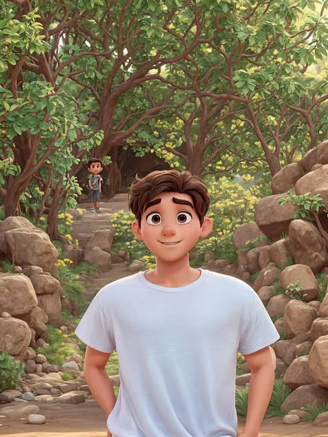 movie poster &wish;amar&wish;, inspired by Disney Pixar, In the picture there is a seventeen year old dark brown haired boy with dark brown eyes wearing a white t-shirt like in the photo Alone, 