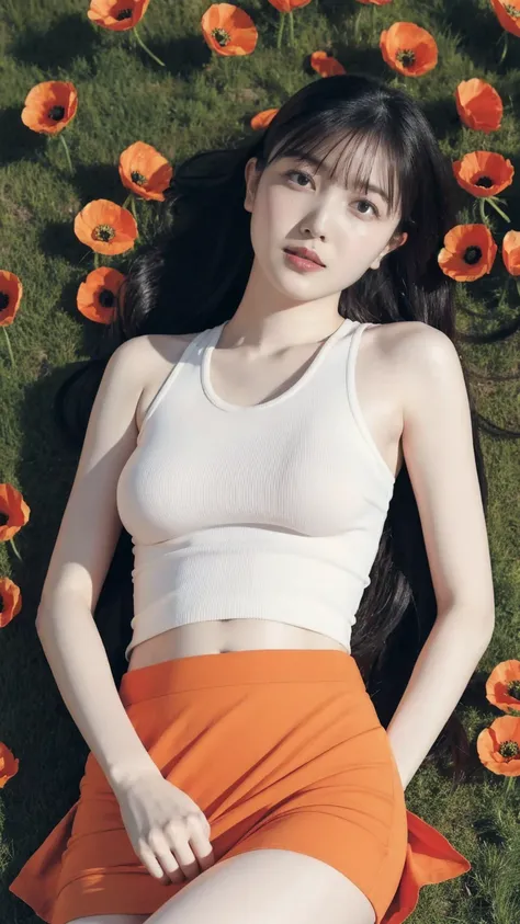 Masterpiece, Best quality, 8k, 18 ans, Photo brute, absurdes, Award-winning portrait, pure, japanese, vibrant poppy field, knit strap tanktop, micro skirt, big breast:1.3, (long hair), natural ligthing, pale skin:1.2, lying back on the ground