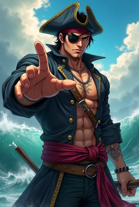 Anime pirate and his hand is on his penis 
