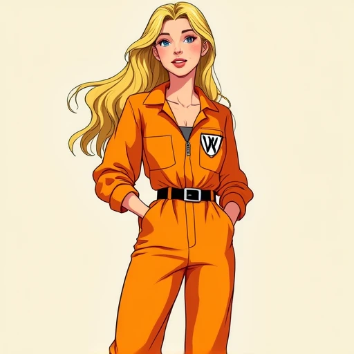 Create an image of cartoon young Rebecca Newt Jorden with long blonde hair loose on her waist wearing an orange jumpsuit with white shoes with weyland yutani logo which is a large letter W with the y inside of the W on the right upper corner of the jumpsui...