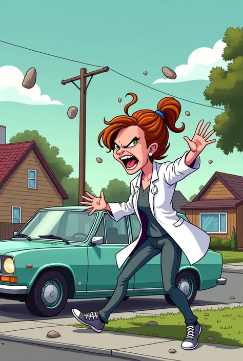 make a cartoon of a female doctor throwing stones at her husband&#39;s car window in a fit of jealousy monil hunday