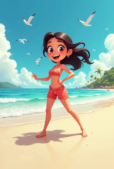 An animated woman on the beach 