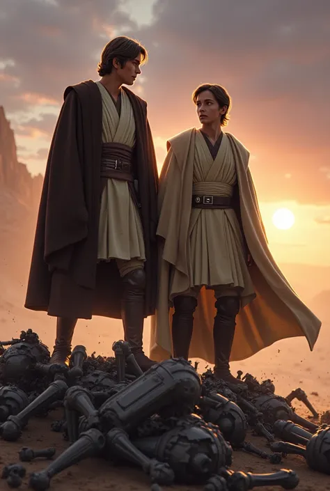 Recreate an epic scene from the Star Wars series:the Clone Wars, where Anakin Skywalker and Obi Wan Kenobi meet fighting, displaying a stoic and determined stance on a battlefield. The characters, with distinctive clothing that reflects their personality a...