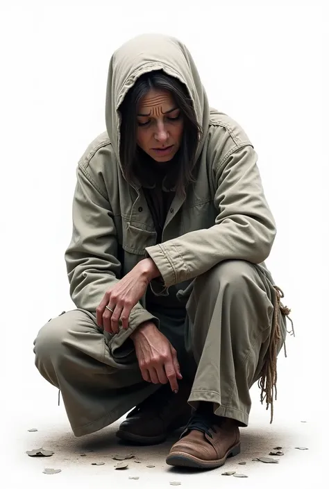 2D type image of female beggar with white background  and dirty clothes 
