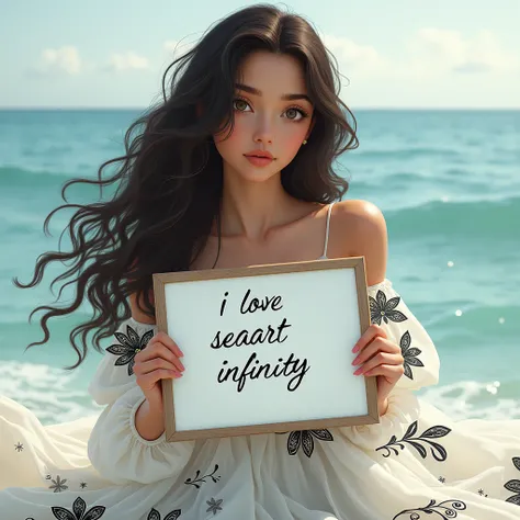 Beautiful brunette girl with long curly hair, white dress with black flowers, holding a whiteboard with the text "I Love Seaart Infinity" and showing it to the viewer