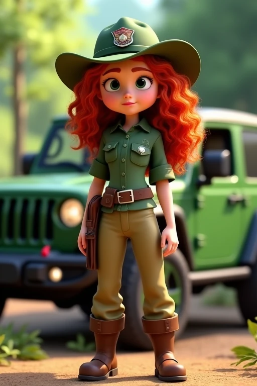 (3d Disney character) merida, as a rescue ranger, wearing ranger hat, Green shirt, Tan Pants, Brown boots and ranger badge, with Green Jeep wrangler in background