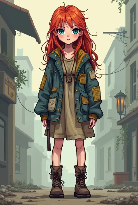 Piksel art style , make a girl with red hair , blue eyes, wear dirty shabby clothes