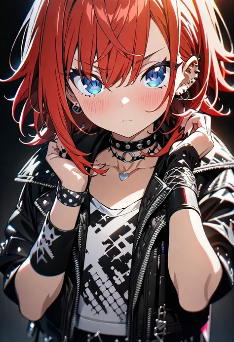 (((masterpiece,Highest quality))),((Anime girl with short red hair and blue eyes)),((Black Background)),(((Black and white punk fashion,Wristbands,Choker,Multiple Piercings))),Only one person,Focus on the upper body,from the front,(high quality),anime