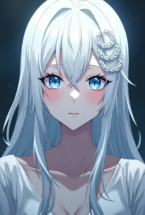 A woman with white hair, white eyelashes, blue eyes from the anime Bungou Stray Dogs with braids 