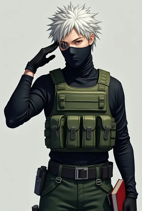 (8k、RAW Photos、Best Quality、masterpiece:1.2)、(Genuine、Realistic:1.5),A character with white, spiky hair、The left hand is raised in a salute-like pose.。The character wears a black cloth eye mask covering one eye.、Half of his face is hidden by a black mask。w...