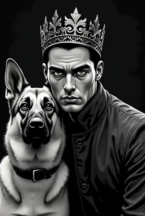 Attractive man with big eyes with crown next to a Malinois with blond fur in peaky blinders style black and white coloring page comic