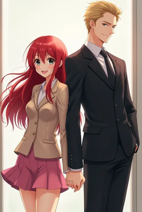 Masterpiece, realistic, a beautiful girl, long red hair, wear a pink short skirt with blazer, look cheerfull, with a blonde hair man, with cold and stric expression, wear a black suit, their standing side by side holding hands.