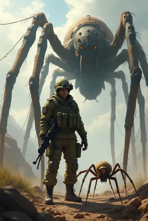 Allied soldier with a jumping spider, fighting giant ants