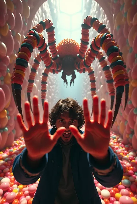 First person perspective arms appearing to protect the face, candy maze, hallway with a giant killer spider made of candy