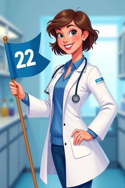 Drawing in Disney style a white woman wearing in short brown hair doctors lab coat holding a blue flag written 22