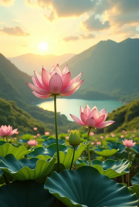 Image of a beautiful landscape with bright sunshine and lotus flower made of glass 