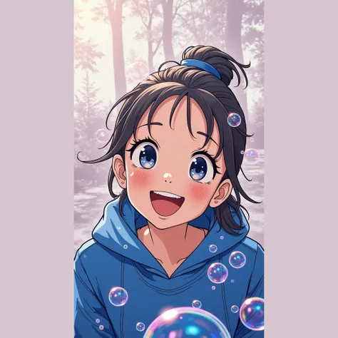 black and white image of a cute chibi manga girl playing smiling with soap bubbles in a park, lots of soap bubbles are transparent and cosmic color and very colorful with many colors in very smooth gradience, image from above, focus on the soap bubbles, bo...