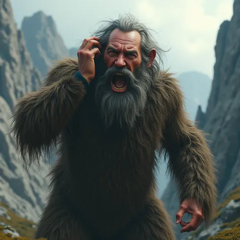 A old man his body fully hairy his big hairs his very angry He has one hand on his head standing in the mountains