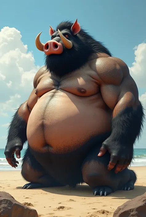 bara hog, boar, very large belly, massive belly, huge belly, fat, obese, sitting in sand, strong physique, chubby, huge belly, perfect anatomy, masterpiece, black beard, strong jaw, giant biceps, shirtless, hairy pectorals, solo, beach, ground view, semi r...