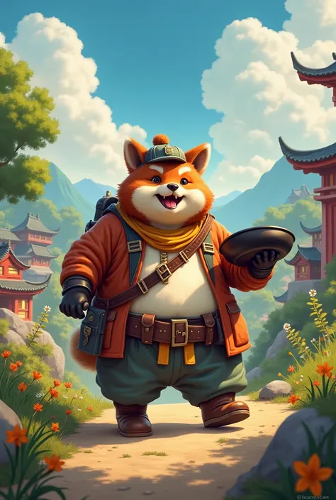 Cheerful Fat Tanuki chef with cast iron pan, drssed in adventuring gear adventuring in fantasy feudal japan