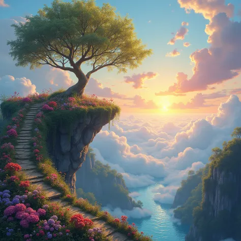 Create a realistic image of a mysterious secret garden above the clouds. Golden Tree々Colorful flowers bloomed between, A small river flowed with crystal clear water. Above the park, The sky constantly changes color from bright blue, Twilight Orange, It tur...