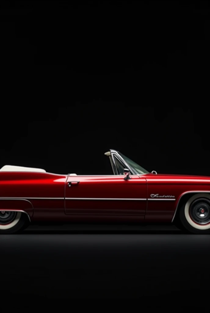 2D image of complete side view of a red cadillac convertible, pitch black background