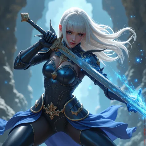 best quality,4k,8k,highres,masterpiece:1.2,ultra-detailed,realistic,photorealistic,photo-realistic:1.37,HDR,UHD,studio lighting,ultra-fine painting, A beautiful young magic swordswoman slashing at an evil enemy, she is wearing intricated designed sexy blac...