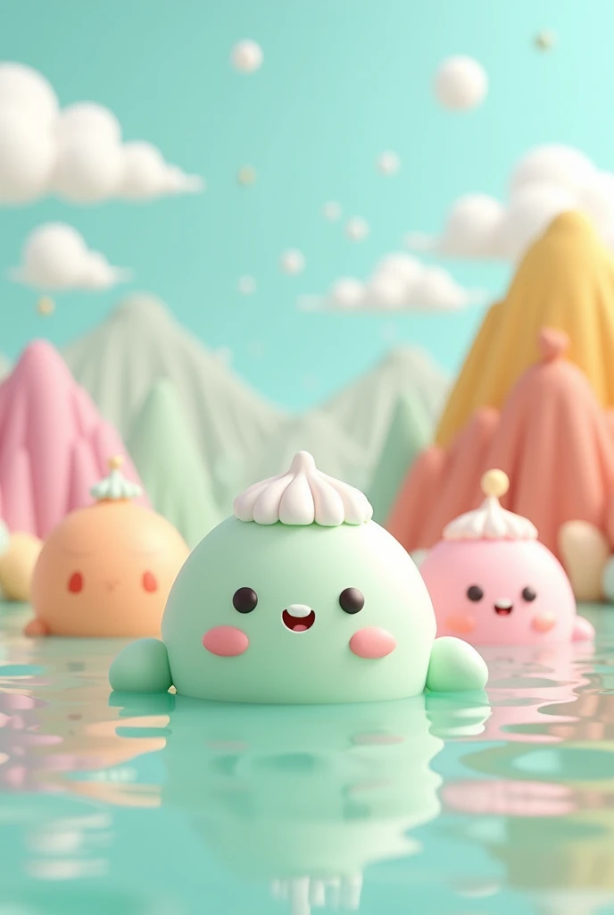 cute pastel-colored characters, various smiling expressions, no hairstyle (soft, rounded features), mint green, pink, orange, and white colors, no clothing (characters are blob-like with face features), accessories include soft pastel shells and small hats...