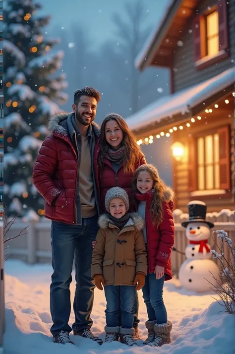 A beautiful family house with husband and wife together with 2 children for the Ages of 4 and . The family has a glow all around them from them being so happy. They are standing in front of there house. Its Christmas day and everything is white from the sn...