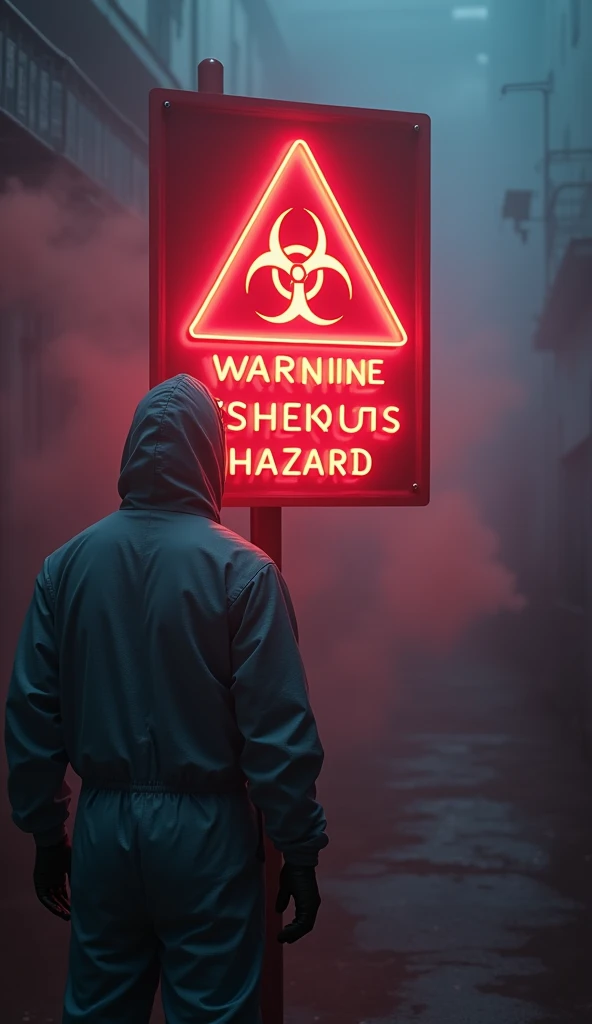 A warning sign with a scientist, detailed hazard symbols, warning, neon colors, glowing effects, hyper-realistic, dramatic lighting, cinematic, volumetric fog, highly detailed, 8K, photorealistic