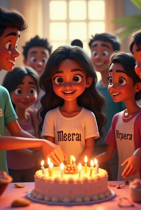 Meera name on t shirt celebrating her birthday by cutting cake and behind many friends and one male friend with team name on his t shirt and others
