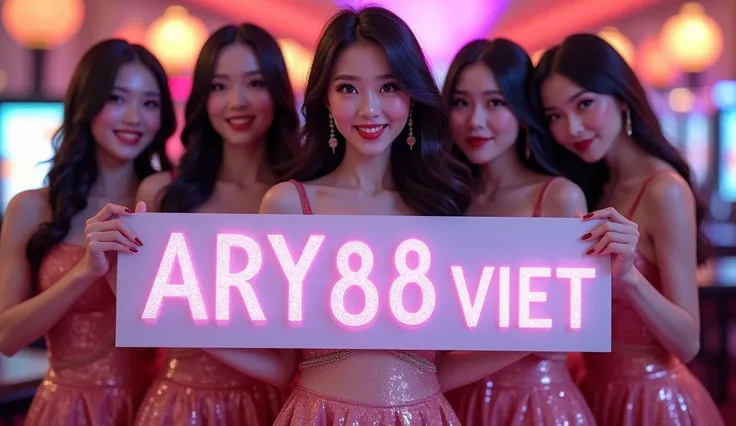 a group of vietnam girls holding a BIG sign "ARYA88VIET-REGIST-NOW", BIG FONTS, BIG TEXT, BIG BANNER, casino background, closeup, teasing, smile, teardrop breast, body plump, real 3D, white skin, summer, elegant dress, holographic, costume