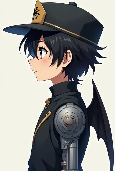 profile photo,(therefore),white boy,Medium messy black hair,mitts,Mechanical arm (left),Small black wing,Valkyrie in a hat,anime 