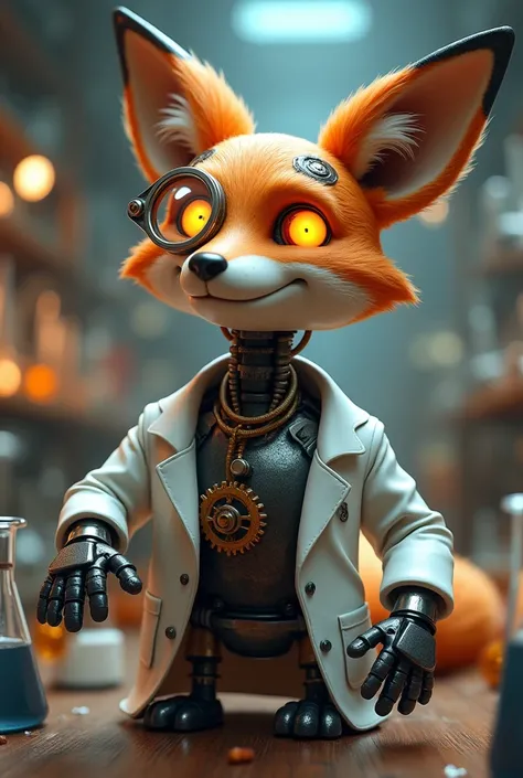 Generate a robot fox, Now with a monocle, Excited. Now put a lab coat on him